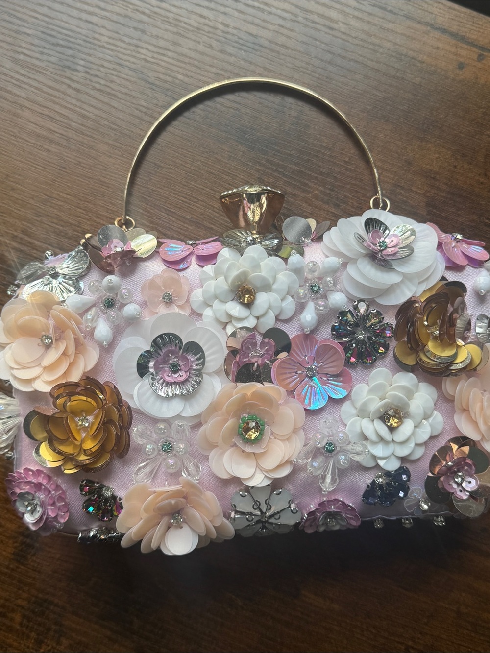 Floral Sequin Embellished Pink Evening Clutch